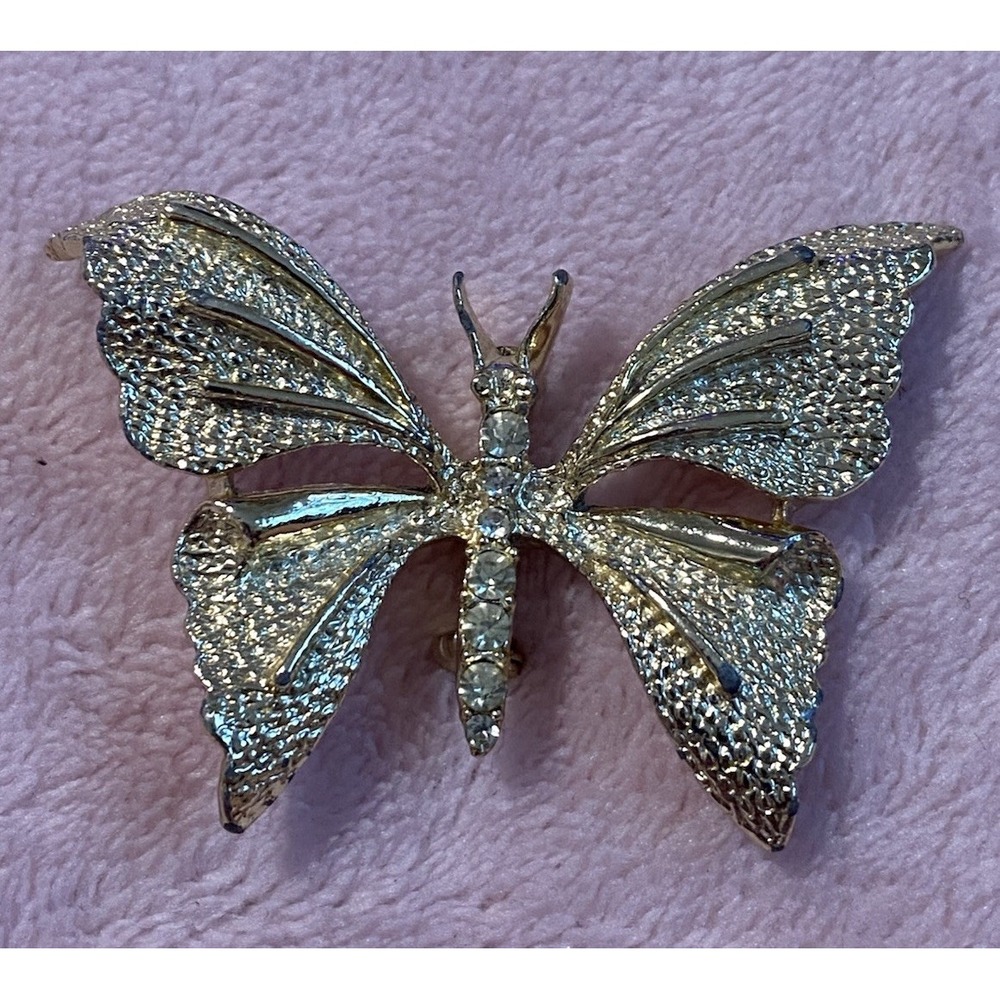 Vintage 1980 Gerrys Brooch Lapel Pin Butterfly Clear Rhinestone Gold Tone Signed